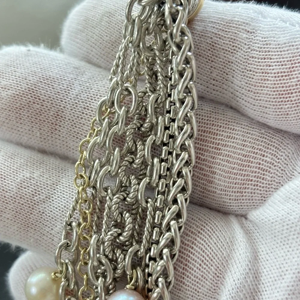David Yurman 925 & 18k Gold Multi-Strand Pearl Bracelet 7" - Picture 7 of 9